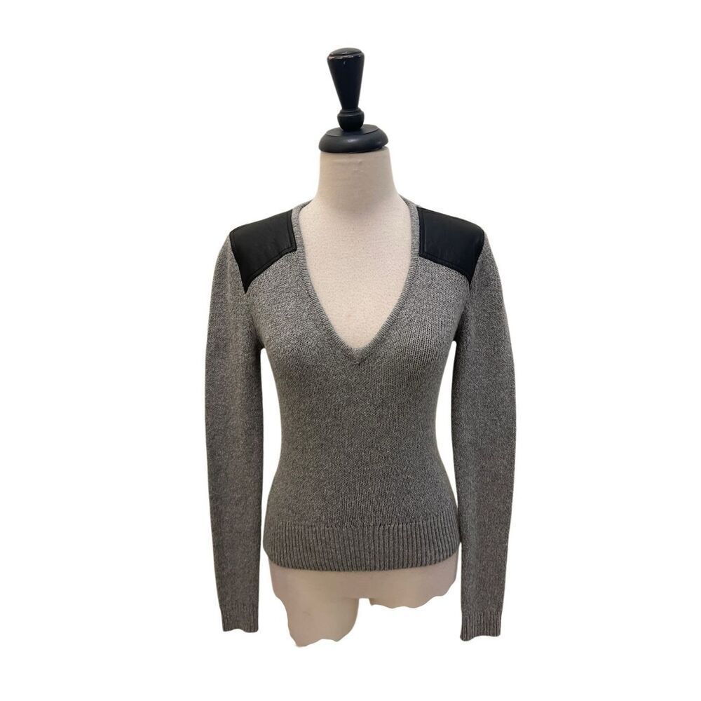 BCBGMaxAzria Women's V-neck Long Sleeve Faux-Leather-Trim Sweater Top Gray XS